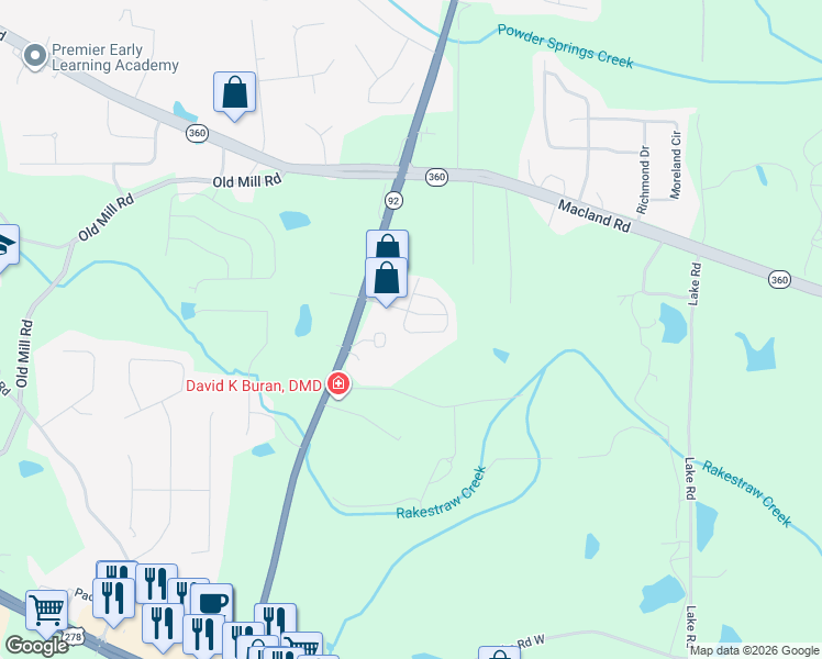 map of restaurants, bars, coffee shops, grocery stores, and more near 41 Darby's Crossing Court in Hiram