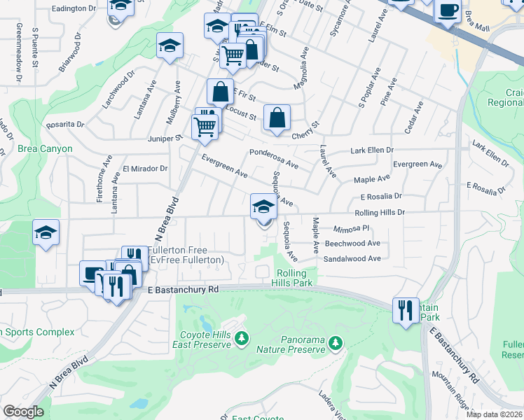 map of restaurants, bars, coffee shops, grocery stores, and more near 1451 Rolling Hills Drive in Fullerton
