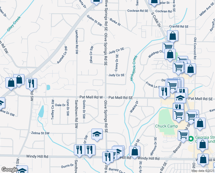 map of restaurants, bars, coffee shops, grocery stores, and more near 2041 Olive Springs Road Southeast in Marietta