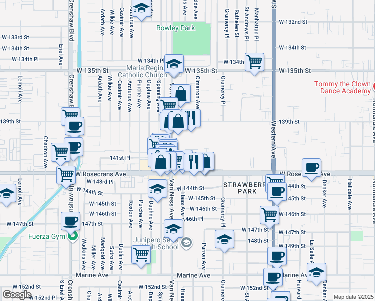 map of restaurants, bars, coffee shops, grocery stores, and more near 2179 Bluewing Walk in Gardena