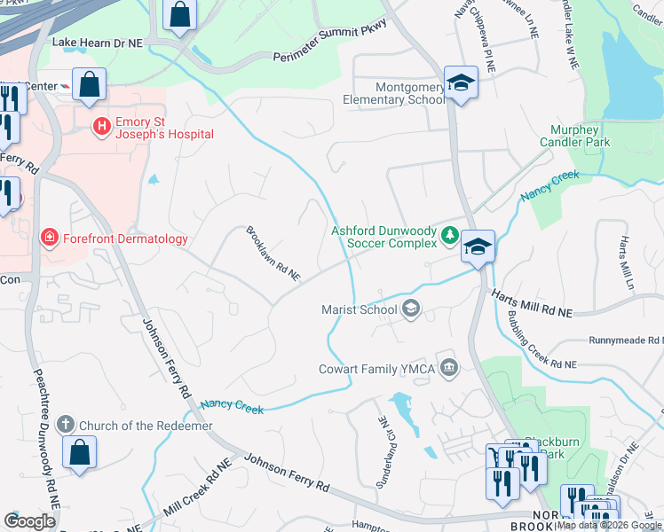 map of restaurants, bars, coffee shops, grocery stores, and more near 1205 West Nancy Creek Drive Northeast in Atlanta