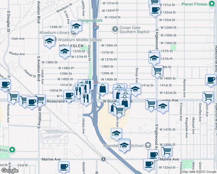 map of restaurants, bars, coffee shops, grocery stores, and more near 5125 West 142nd Street in Hawthorne