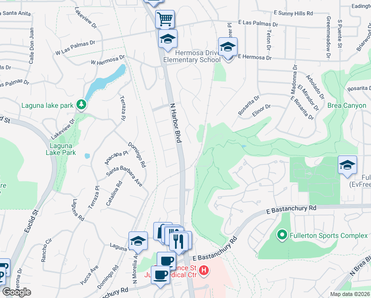 map of restaurants, bars, coffee shops, grocery stores, and more near 2800 North Harbor Boulevard in Fullerton