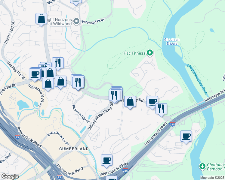 map of restaurants, bars, coffee shops, grocery stores, and more near 4200 Windy Ridge Parkway Southeast in Atlanta