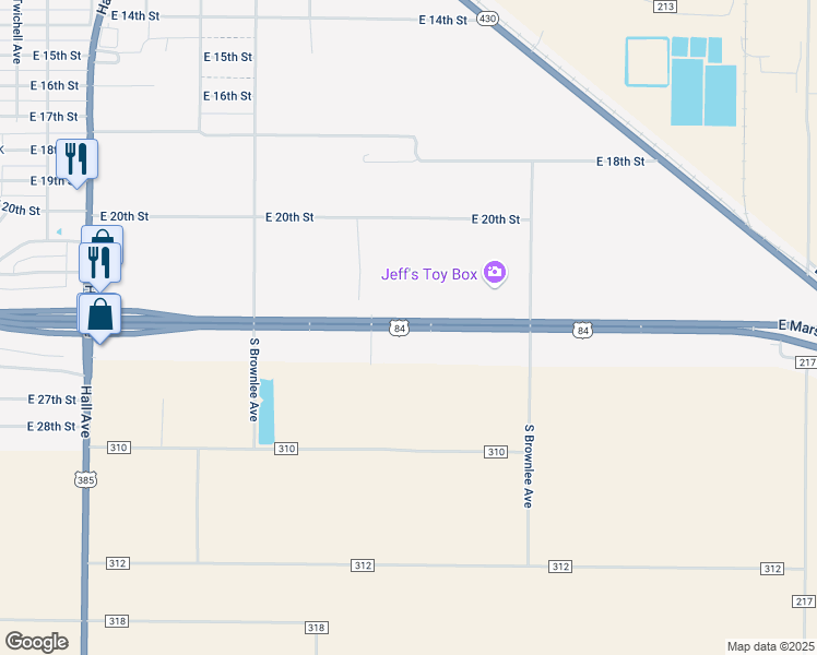 map of restaurants, bars, coffee shops, grocery stores, and more near East Marshall Howard Boulevard in Littlefield