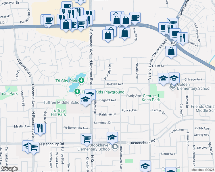 map of restaurants, bars, coffee shops, grocery stores, and more near 307 Koch Avenue in Placentia