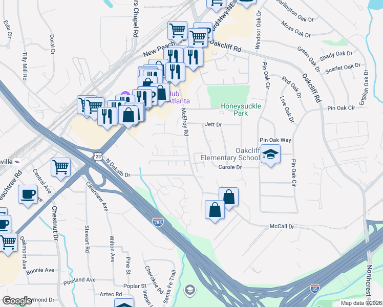 map of restaurants, bars, coffee shops, grocery stores, and more near 3775 Oxford Circle in Atlanta