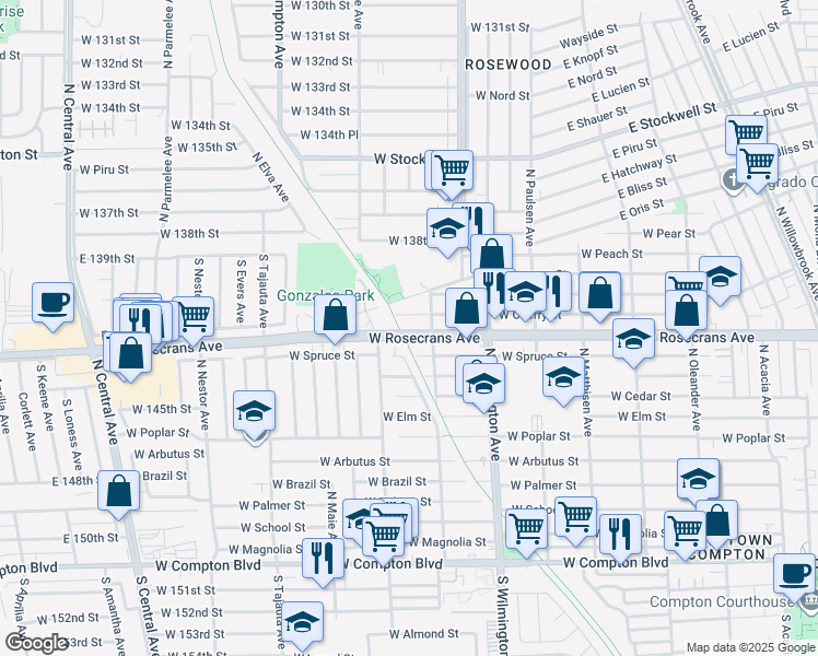 map of restaurants, bars, coffee shops, grocery stores, and more near 923 West Rosecrans Avenue in Compton