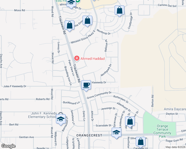 map of restaurants, bars, coffee shops, grocery stores, and more near 8171 Bon View Drive in Riverside