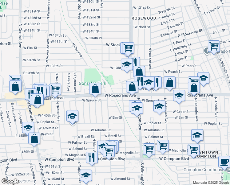 map of restaurants, bars, coffee shops, grocery stores, and more near 923 West Rosecrans Avenue in Compton