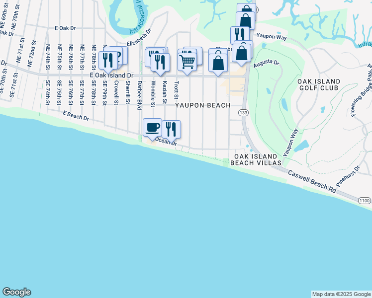 map of restaurants, bars, coffee shops, grocery stores, and more near 501 Ocean Drive in Oak Island