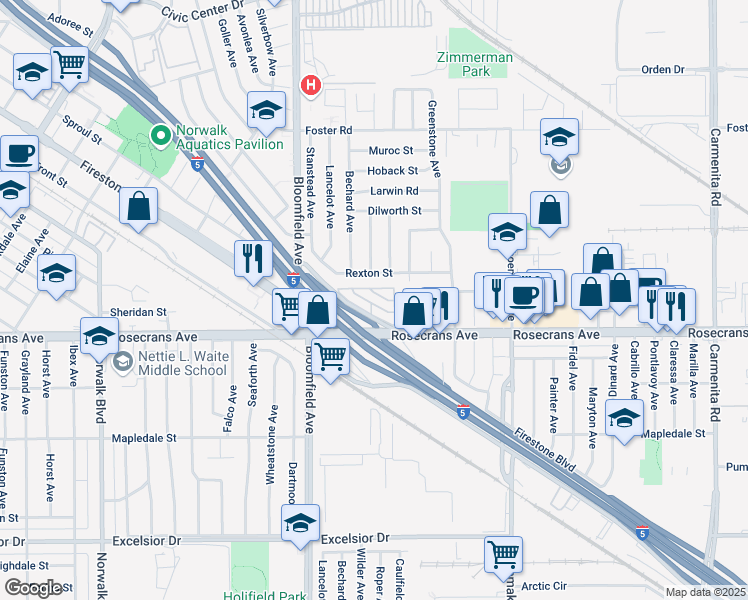 map of restaurants, bars, coffee shops, grocery stores, and more near 92 Bloomfield Avenue in Norwalk