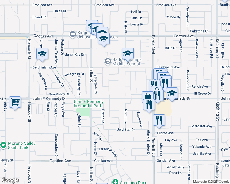 map of restaurants, bars, coffee shops, grocery stores, and more near 24690 Morning Glory Street in Moreno Valley