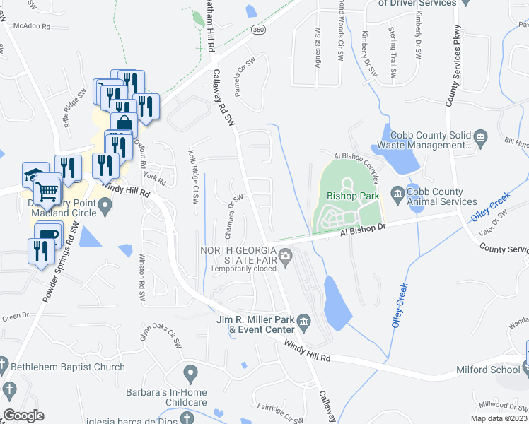 map of restaurants, bars, coffee shops, grocery stores, and more near 1457 Westwood Court in Marietta