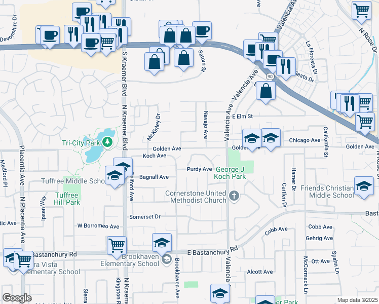 map of restaurants, bars, coffee shops, grocery stores, and more near 424 Kiolstad Drive in Placentia