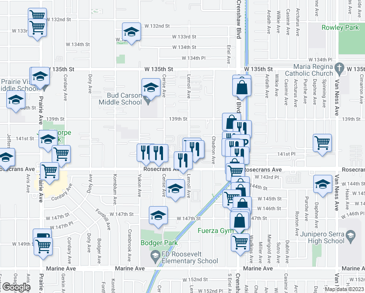 map of restaurants, bars, coffee shops, grocery stores, and more near 14100 Cerise Avenue in Hawthorne