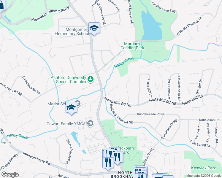 map of restaurants, bars, coffee shops, grocery stores, and more near 3792 Ashford Lake Court Northeast in Atlanta