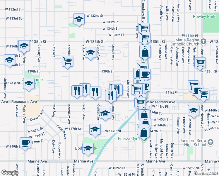 map of restaurants, bars, coffee shops, grocery stores, and more near 14100 Cerise Avenue in Hawthorne