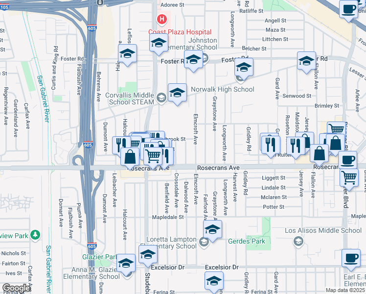 map of restaurants, bars, coffee shops, grocery stores, and more near 14019 Dalwood Avenue in Norwalk