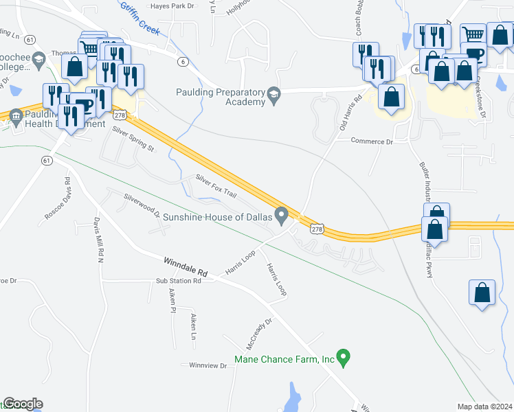 map of restaurants, bars, coffee shops, grocery stores, and more near 120 Silver Fox Trail in Dallas