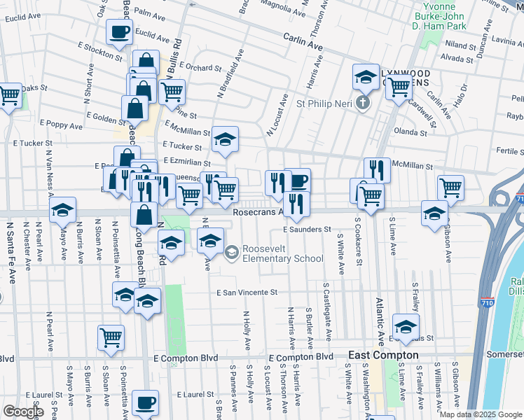 map of restaurants, bars, coffee shops, grocery stores, and more near 2111 East Rosecrans Avenue in Compton