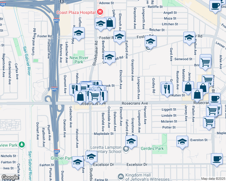 map of restaurants, bars, coffee shops, grocery stores, and more near 14019 Dalwood Avenue in Norwalk