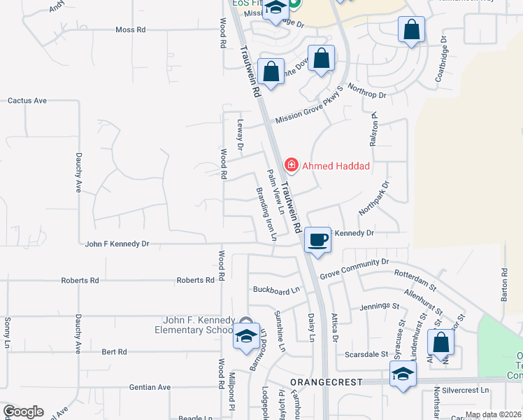 map of restaurants, bars, coffee shops, grocery stores, and more near 8123 Branding Iron Lane in Riverside