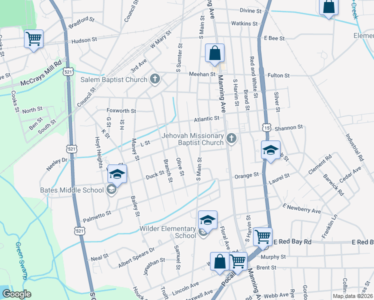 map of restaurants, bars, coffee shops, grocery stores, and more near 713 Olive Street in Sumter