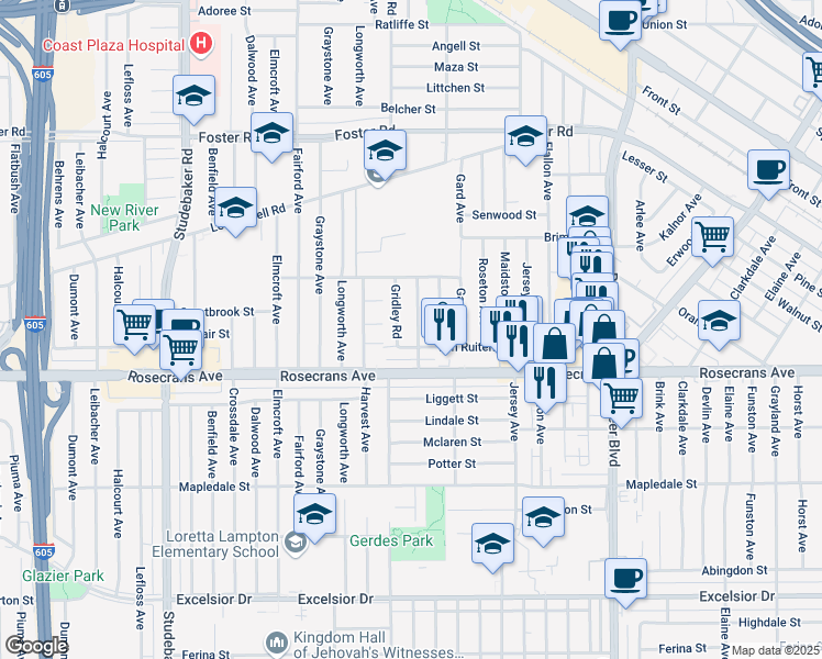 map of restaurants, bars, coffee shops, grocery stores, and more near 14033 Sylvanwood Avenue in Norwalk