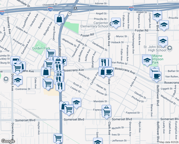 map of restaurants, bars, coffee shops, grocery stores, and more near 14415 Cerritos Avenue in Bellflower