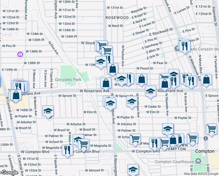 map of restaurants, bars, coffee shops, grocery stores, and more near 808 Rosecrans Avenue in Compton
