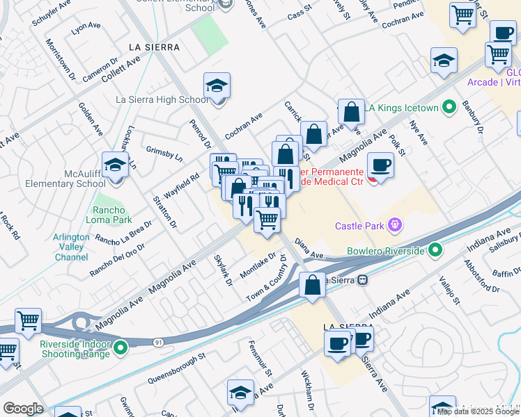 map of restaurants, bars, coffee shops, grocery stores, and more near 3806 La Sierra Avenue in Riverside