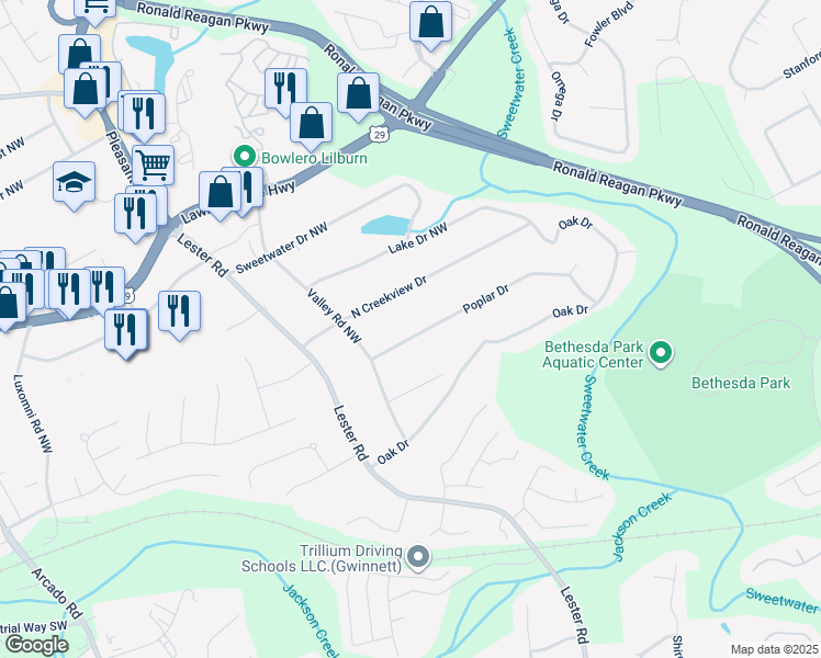 map of restaurants, bars, coffee shops, grocery stores, and more near 3425 Poplar Drive in Lawrenceville