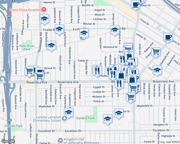 map of restaurants, bars, coffee shops, grocery stores, and more near 14033 Sylvanwood Avenue in Norwalk