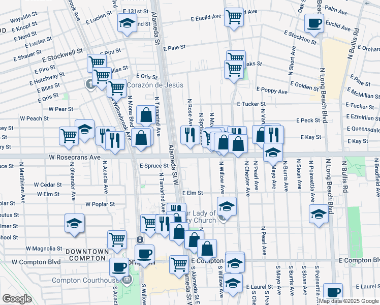 map of restaurants, bars, coffee shops, grocery stores, and more near 1005 North Rose Avenue in Compton