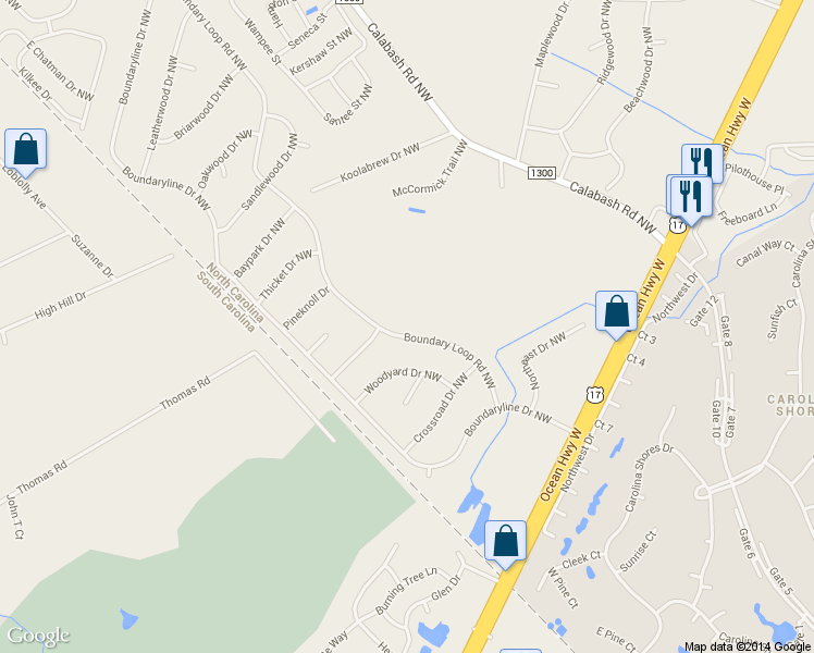 map of restaurants, bars, coffee shops, grocery stores, and more near 192 Boundary Loop Road Northwest in Calabash