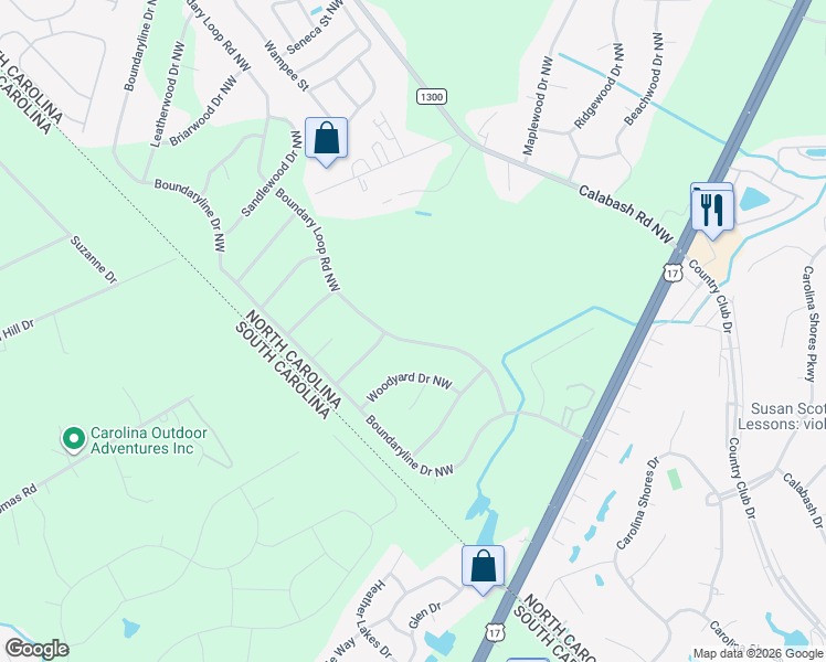 map of restaurants, bars, coffee shops, grocery stores, and more near 175 Boundary Loop Road Northwest in Calabash