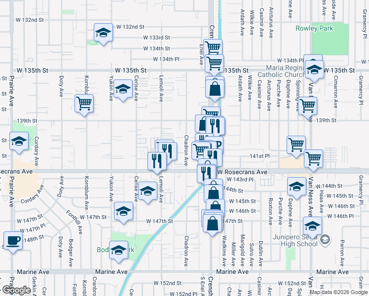 map of restaurants, bars, coffee shops, grocery stores, and more near 14037 Chadron Avenue in Hawthorne
