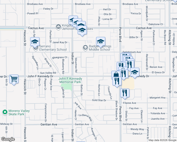 map of restaurants, bars, coffee shops, grocery stores, and more near 24625 Morning Glory Street in Moreno Valley