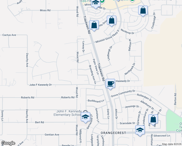map of restaurants, bars, coffee shops, grocery stores, and more near 8159 Branding Iron Lane in Riverside