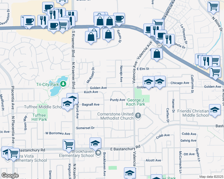 map of restaurants, bars, coffee shops, grocery stores, and more near 424 Kiolstad Drive in Placentia