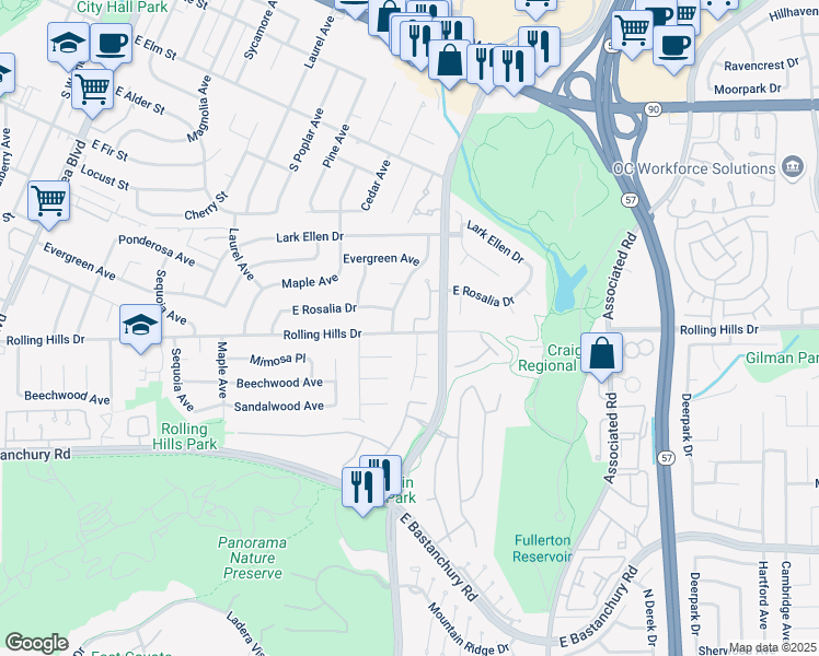 map of restaurants, bars, coffee shops, grocery stores, and more near 2833 Live Oak Avenue in Fullerton