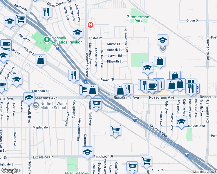 map of restaurants, bars, coffee shops, grocery stores, and more near 92 Bloomfield Avenue in Norwalk