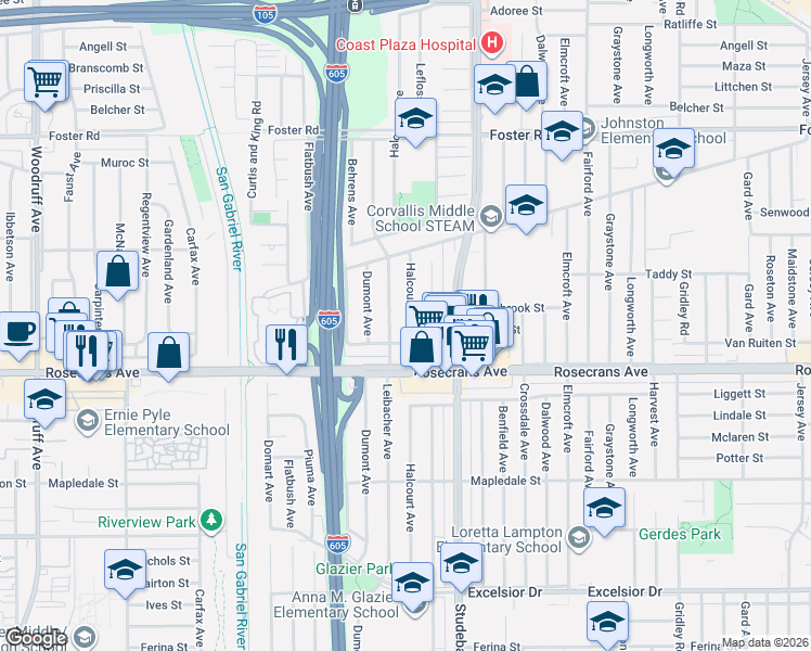 map of restaurants, bars, coffee shops, grocery stores, and more near 14048 Leibacher Avenue in Norwalk