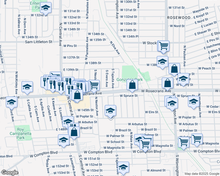 map of restaurants, bars, coffee shops, grocery stores, and more near 1316 Rosecrans Avenue in Compton