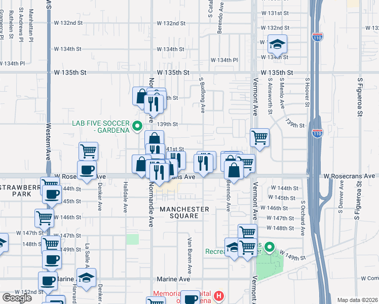 map of restaurants, bars, coffee shops, grocery stores, and more near 14114 Deanna Court in Gardena