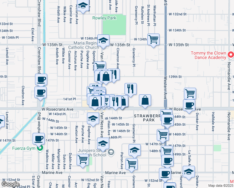 map of restaurants, bars, coffee shops, grocery stores, and more near 2045 Rosecrans Avenue in Gardena