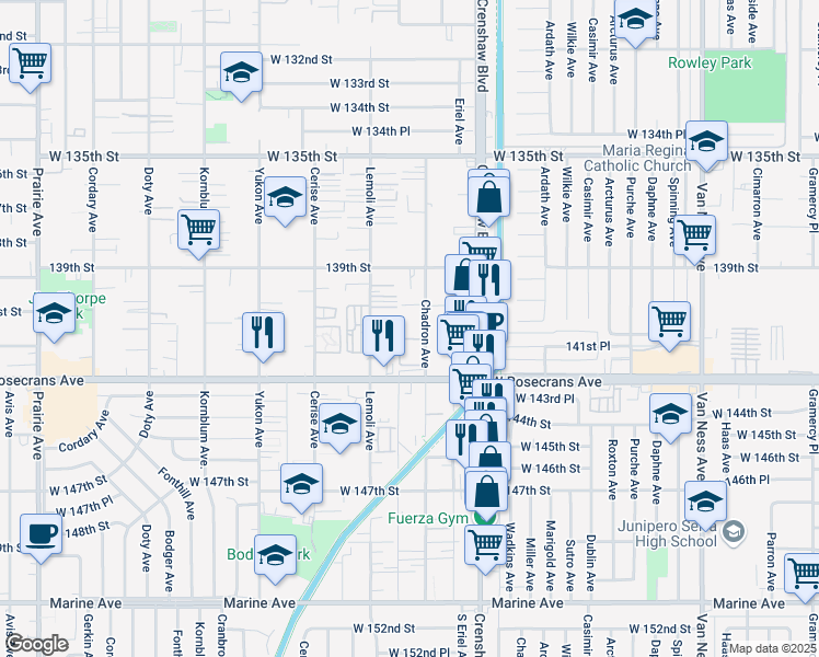 map of restaurants, bars, coffee shops, grocery stores, and more near 14115 Chadron Avenue in Hawthorne