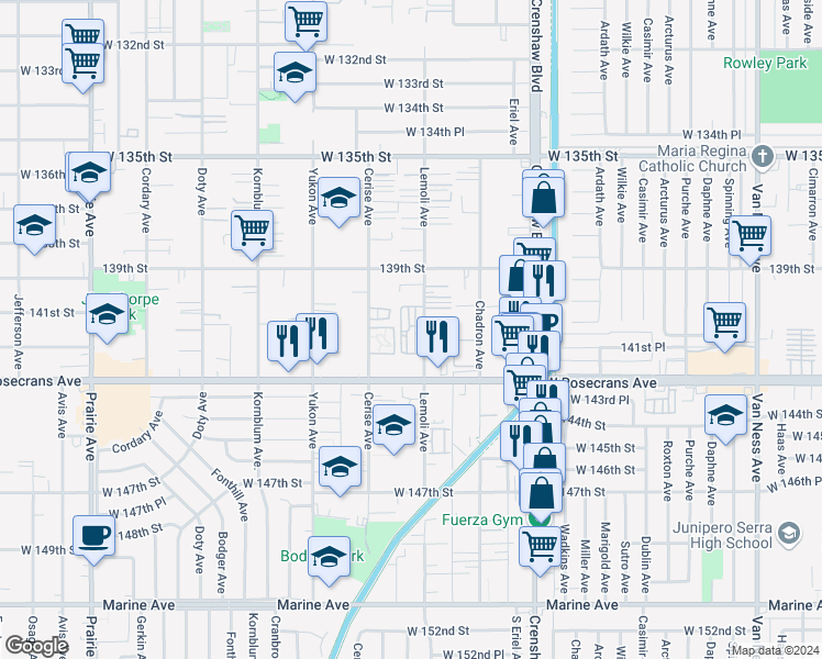 map of restaurants, bars, coffee shops, grocery stores, and more near 14100 Cerise Avenue in Hawthorne