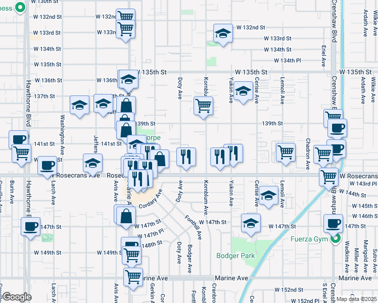 map of restaurants, bars, coffee shops, grocery stores, and more near 14119 Doty Avenue in Hawthorne